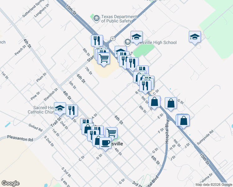 map of restaurants, bars, coffee shops, grocery stores, and more near 1202 7th Street in Floresville