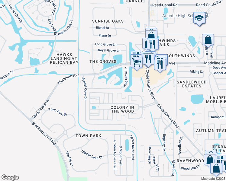map of restaurants, bars, coffee shops, grocery stores, and more near 12 Cedar in the Wood in Port Orange