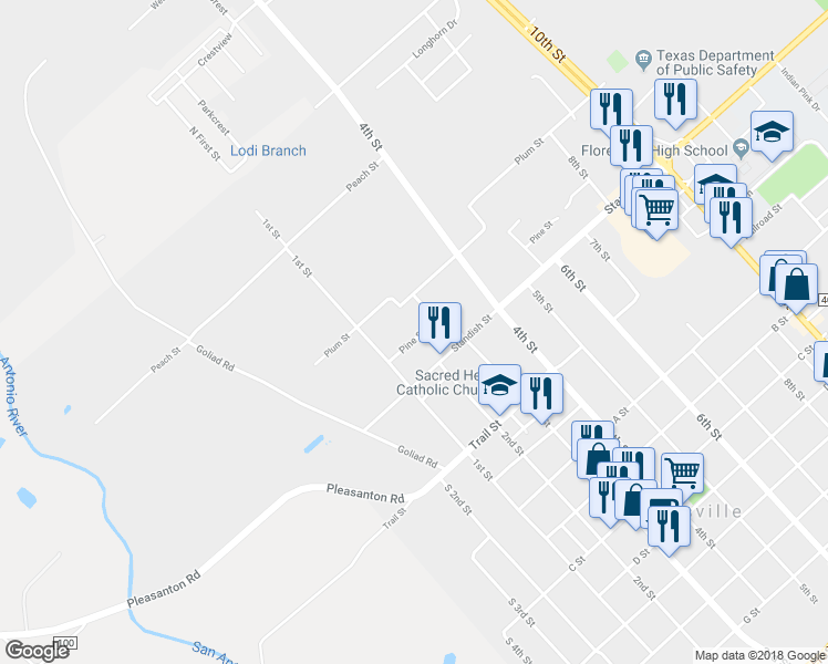 map of restaurants, bars, coffee shops, grocery stores, and more near 913 Pine Street in Floresville