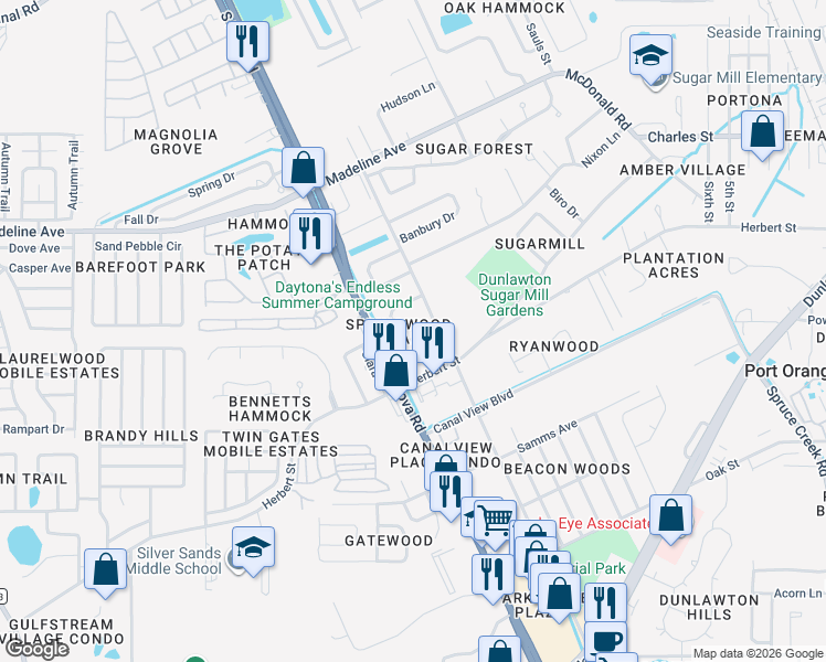 map of restaurants, bars, coffee shops, grocery stores, and more near 17 Springwood Square in Port Orange