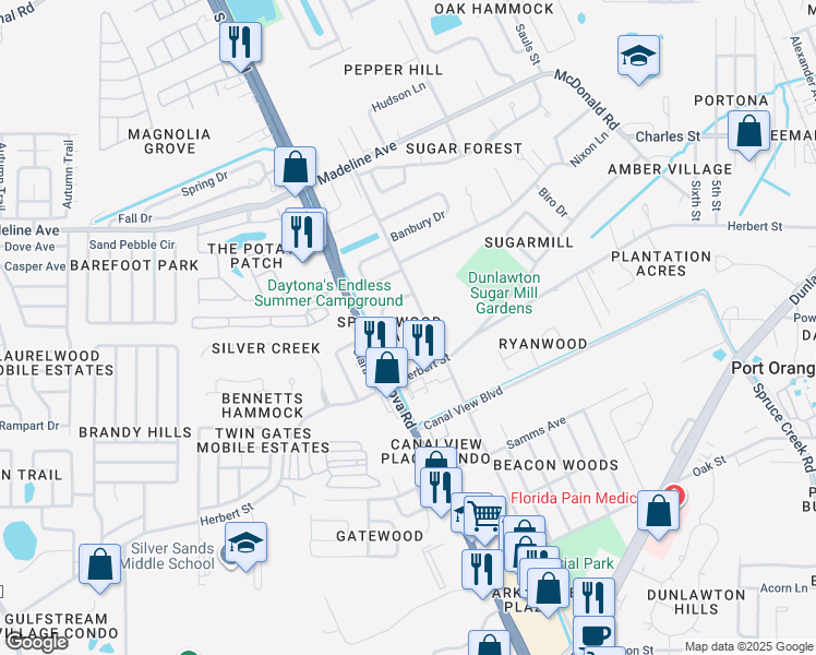 map of restaurants, bars, coffee shops, grocery stores, and more near 17 Springwood Square in Port Orange