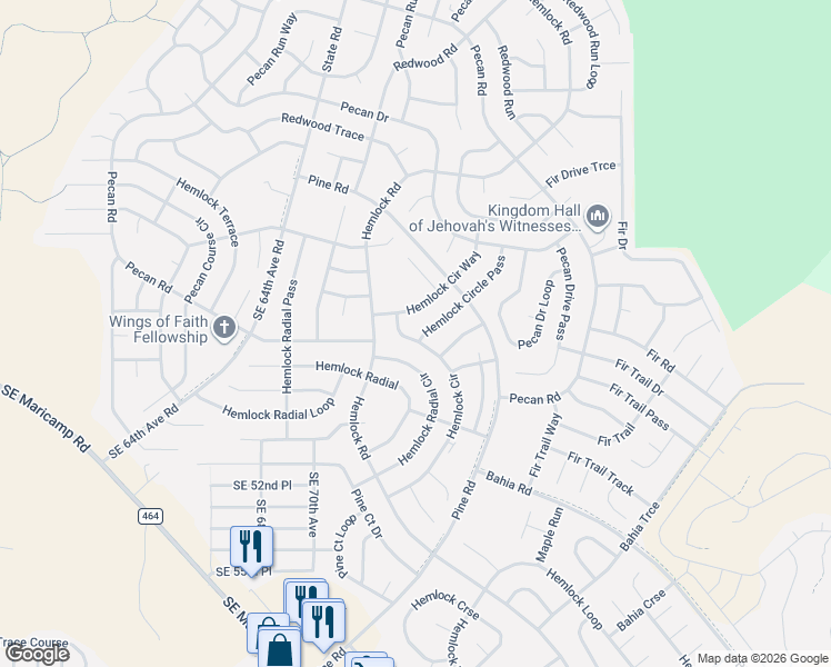 map of restaurants, bars, coffee shops, grocery stores, and more near 9 Hemlock Radial Circle in Ocala