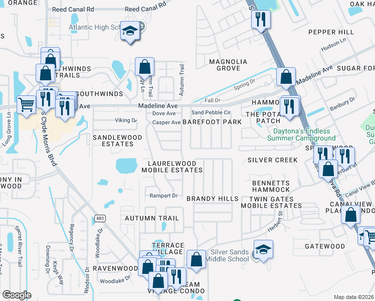 map of restaurants, bars, coffee shops, grocery stores, and more near 152 Brandy Hills Drive in Port Orange