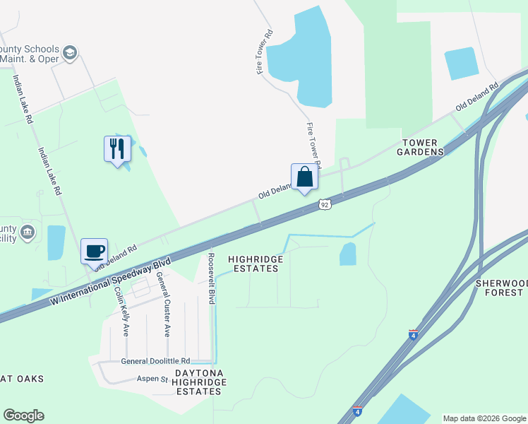 map of restaurants, bars, coffee shops, grocery stores, and more near 3659 Old Deland Road in Daytona Beach