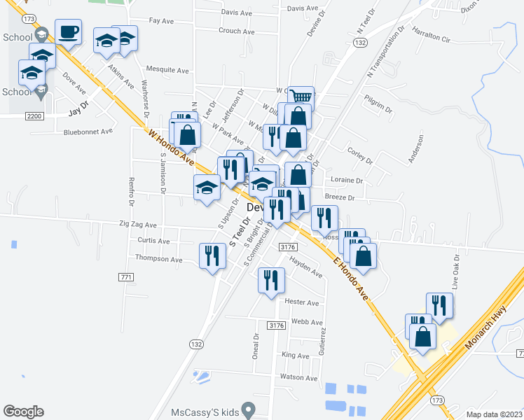 map of restaurants, bars, coffee shops, grocery stores, and more near 198 East Hondo Avenue in Devine