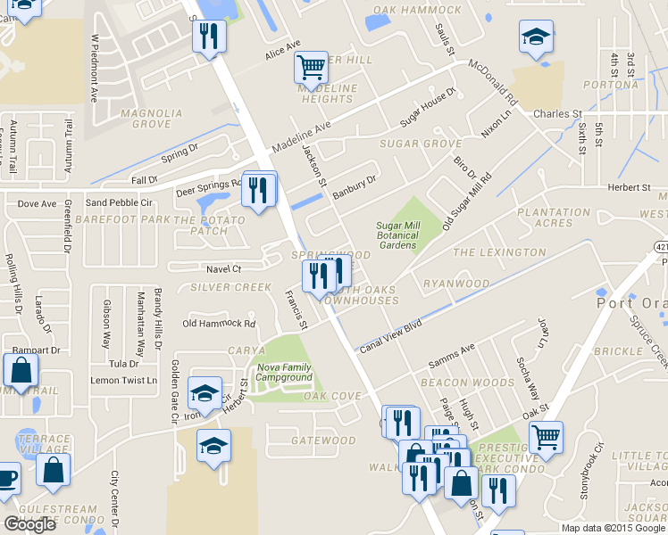 map of restaurants, bars, coffee shops, grocery stores, and more near 88 Springwood Square in Port Orange