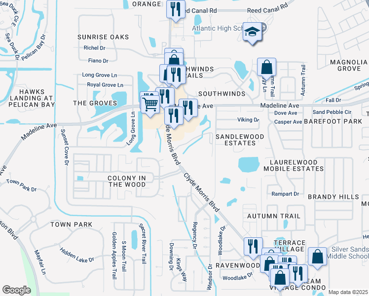 map of restaurants, bars, coffee shops, grocery stores, and more near 3835 Clyde Morris Boulevard in Port Orange