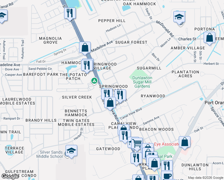 map of restaurants, bars, coffee shops, grocery stores, and more near 75 Springwood Square in Port Orange