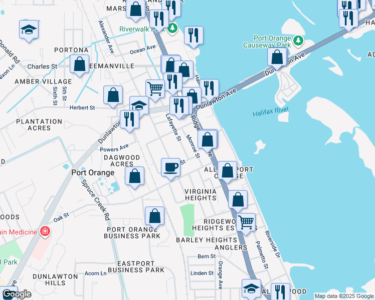 map of restaurants, bars, coffee shops, grocery stores, and more near 530 Lafayette Street in Port Orange