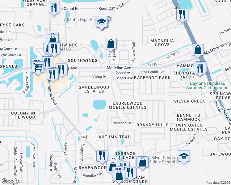 map of restaurants, bars, coffee shops, grocery stores, and more near 731 Indian Hill Drive in Port Orange