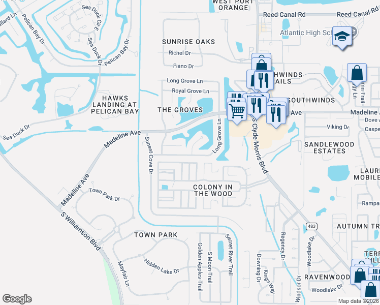map of restaurants, bars, coffee shops, grocery stores, and more near 3816 Cherry Grove Court in Port Orange
