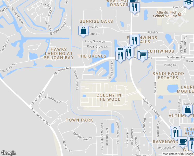 map of restaurants, bars, coffee shops, grocery stores, and more near 3871 Long Grove Lane in Port Orange