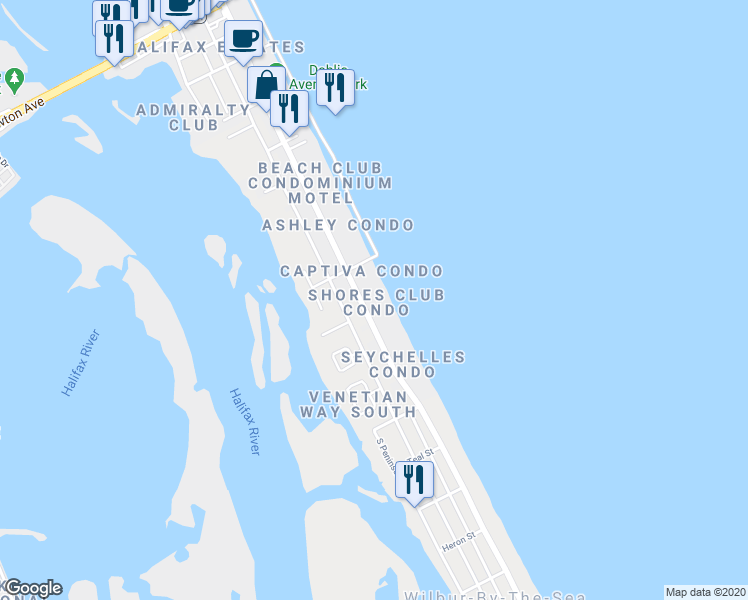 map of restaurants, bars, coffee shops, grocery stores, and more near 3815 South Atlantic Avenue in Daytona Beach Shores