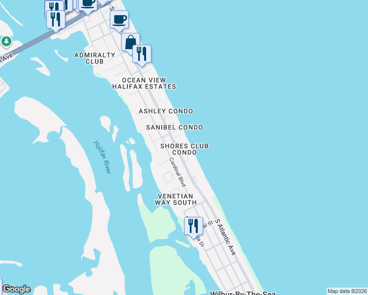 map of restaurants, bars, coffee shops, grocery stores, and more near 3815 South Atlantic Avenue in Daytona Beach Shores