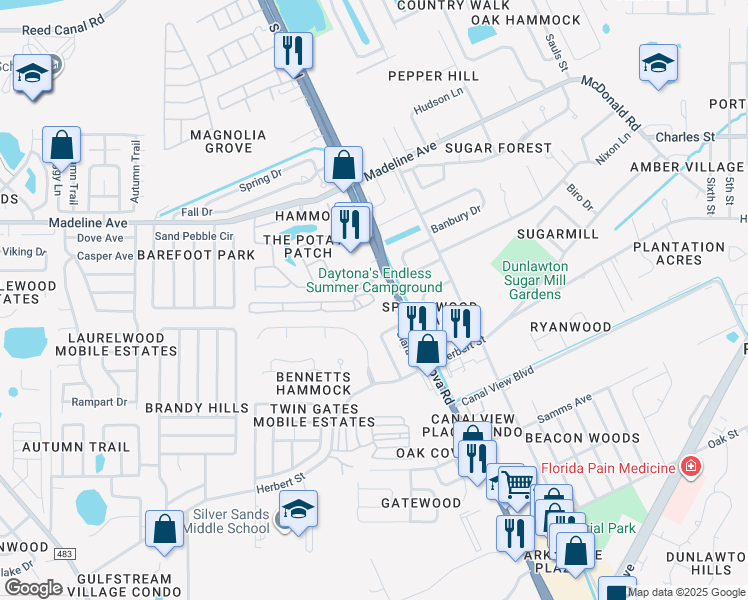 map of restaurants, bars, coffee shops, grocery stores, and more near Palm Street in Port Orange
