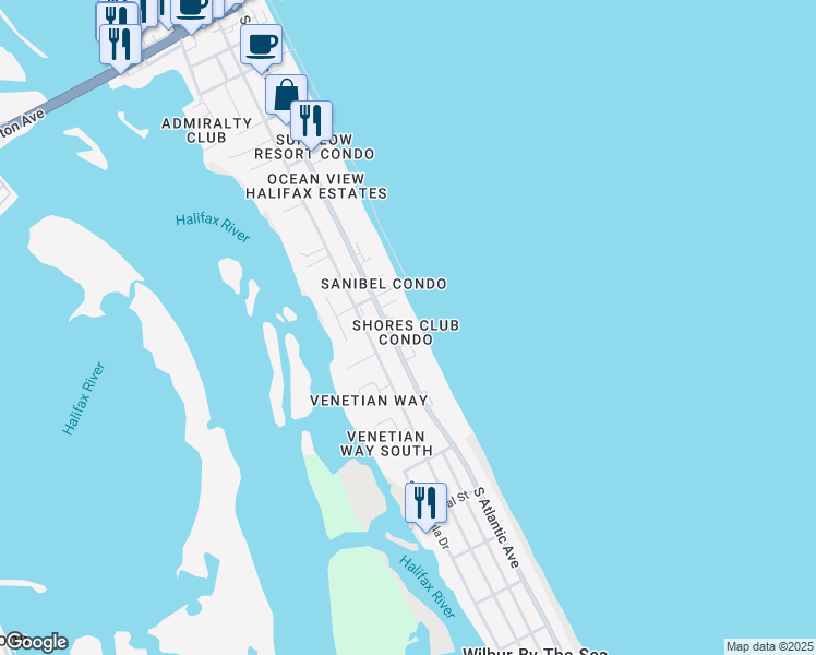 map of restaurants, bars, coffee shops, grocery stores, and more near 3815 South Atlantic Avenue in Daytona Beach