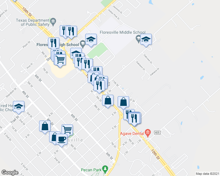 map of restaurants, bars, coffee shops, grocery stores, and more near 1807 C Street in Floresville