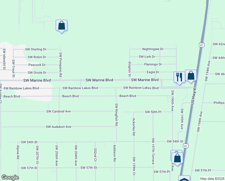 map of restaurants, bars, coffee shops, grocery stores, and more near 20104 Southwest Rainbow Lakes Boulevard in Dunnellon