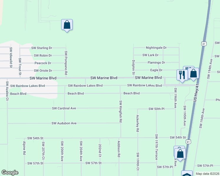 map of restaurants, bars, coffee shops, grocery stores, and more near 20104 Southwest Rainbow Lakes Boulevard in Dunnellon
