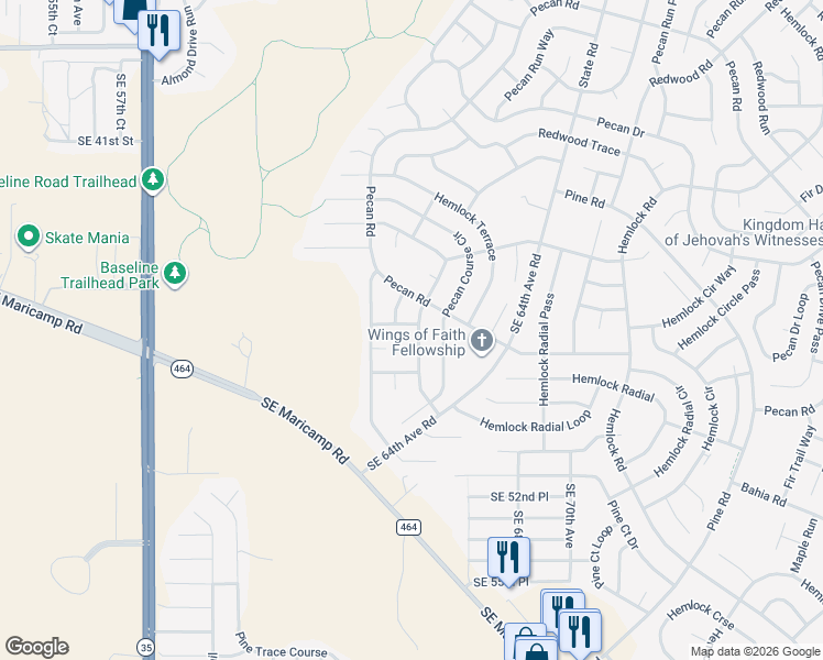 map of restaurants, bars, coffee shops, grocery stores, and more near 10 Pecan Course Terrace in Ocala