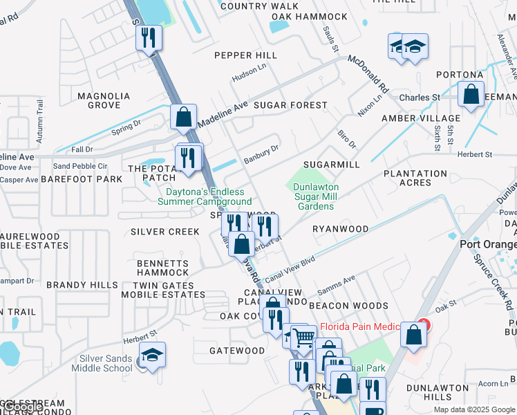 map of restaurants, bars, coffee shops, grocery stores, and more near 107 Springwood Square in Port Orange