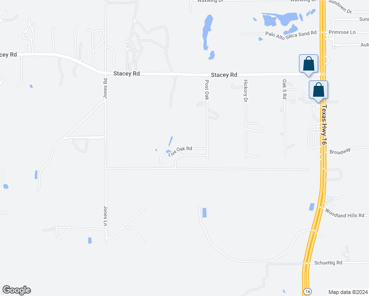 map of restaurants, bars, coffee shops, grocery stores, and more near 124 Live Oak Road in Poteet