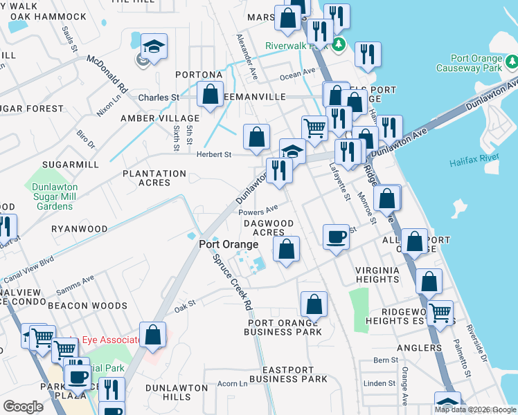 map of restaurants, bars, coffee shops, grocery stores, and more near 612 Ruth Street in Port Orange