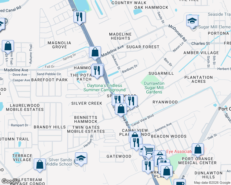 map of restaurants, bars, coffee shops, grocery stores, and more near 47 Springwood Square in Port Orange