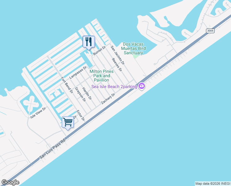 map of restaurants, bars, coffee shops, grocery stores, and more near 4223 Mason Drive in Galveston