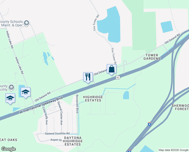 map of restaurants, bars, coffee shops, grocery stores, and more near 3659 Old Deland Road in Daytona Beach