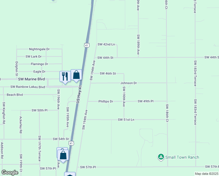map of restaurants, bars, coffee shops, grocery stores, and more near 19130 Southwest 47th Street in Dunnellon