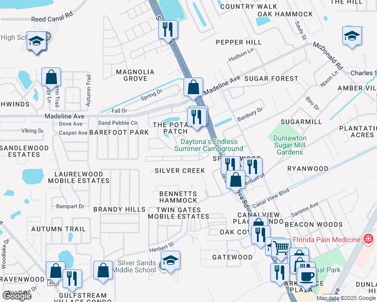 map of restaurants, bars, coffee shops, grocery stores, and more near 3566 Red Pontiac Drive in Port Orange