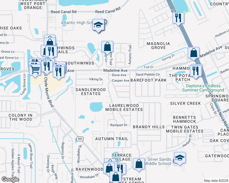 map of restaurants, bars, coffee shops, grocery stores, and more near 731 Indian Hill Drive in Port Orange