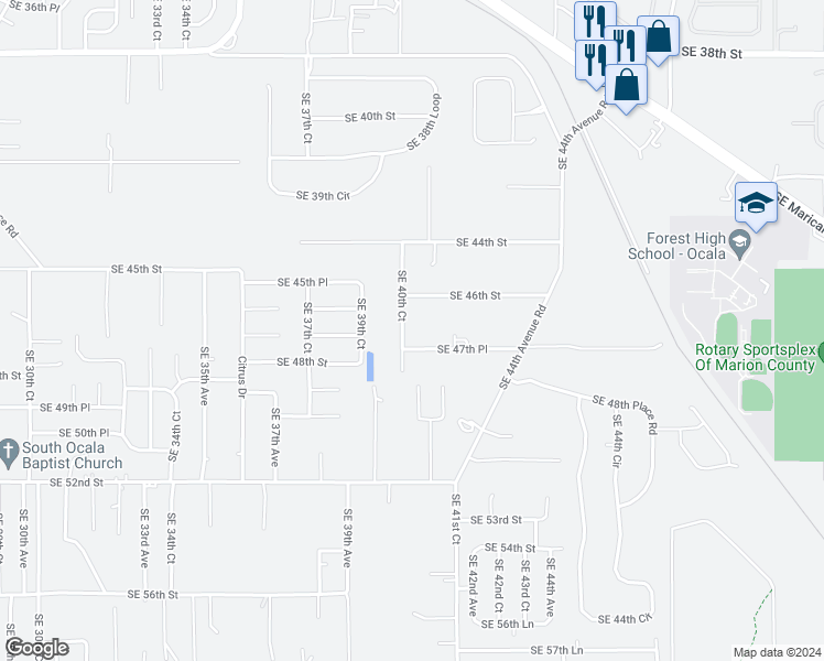 map of restaurants, bars, coffee shops, grocery stores, and more near 4701 Southeast 40th Court in Ocala