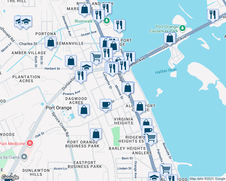 map of restaurants, bars, coffee shops, grocery stores, and more near 530 Lafayette Street in Port Orange