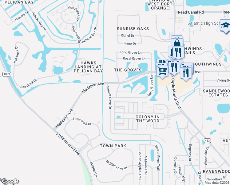 map of restaurants, bars, coffee shops, grocery stores, and more near 3813 Grove View Lane in Port Orange