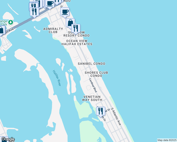 map of restaurants, bars, coffee shops, grocery stores, and more near 3800 South Atlantic Avenue in Daytona Beach