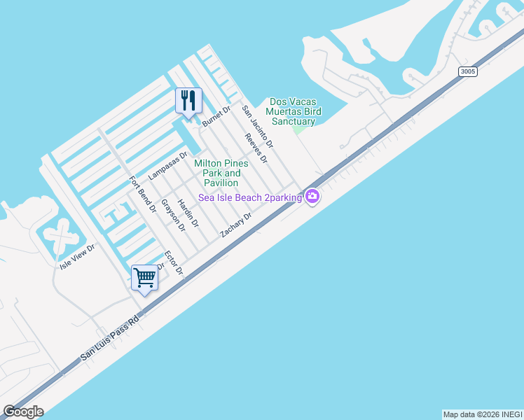 map of restaurants, bars, coffee shops, grocery stores, and more near 4223 Mason Drive in Galveston