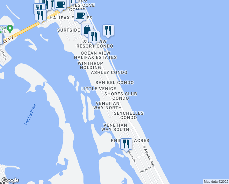 map of restaurants, bars, coffee shops, grocery stores, and more near 3800 South Atlantic Avenue in Daytona Beach