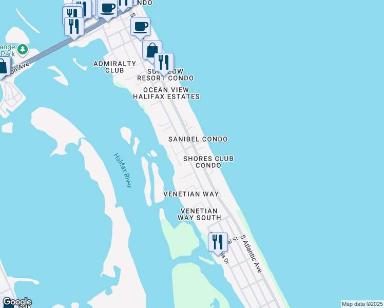 map of restaurants, bars, coffee shops, grocery stores, and more near 3800 South Atlantic Avenue in Daytona Beach
