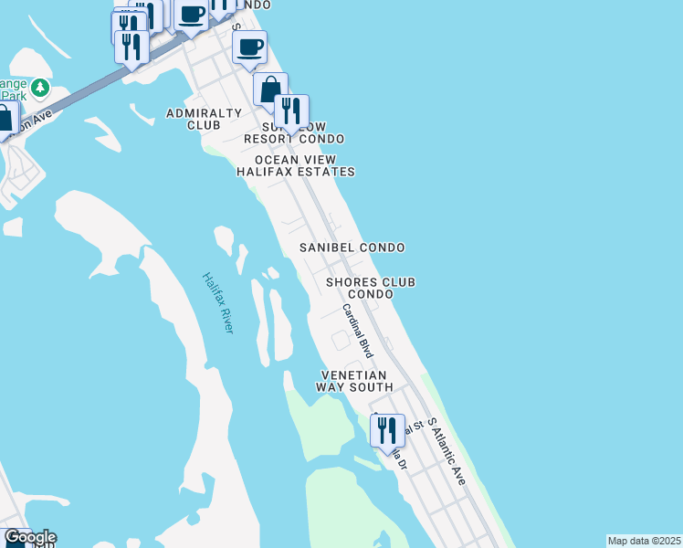 map of restaurants, bars, coffee shops, grocery stores, and more near 3800 South Atlantic Avenue in Daytona Beach