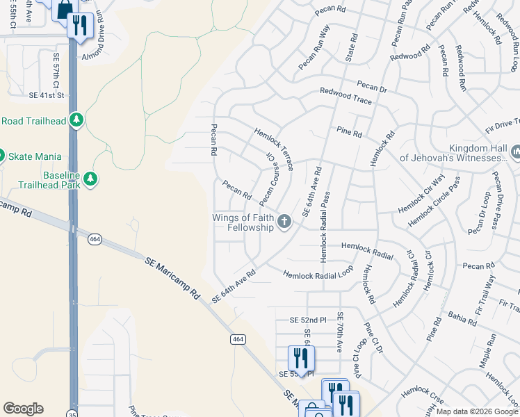 map of restaurants, bars, coffee shops, grocery stores, and more near 44 Pecan Course Circle in Ocala