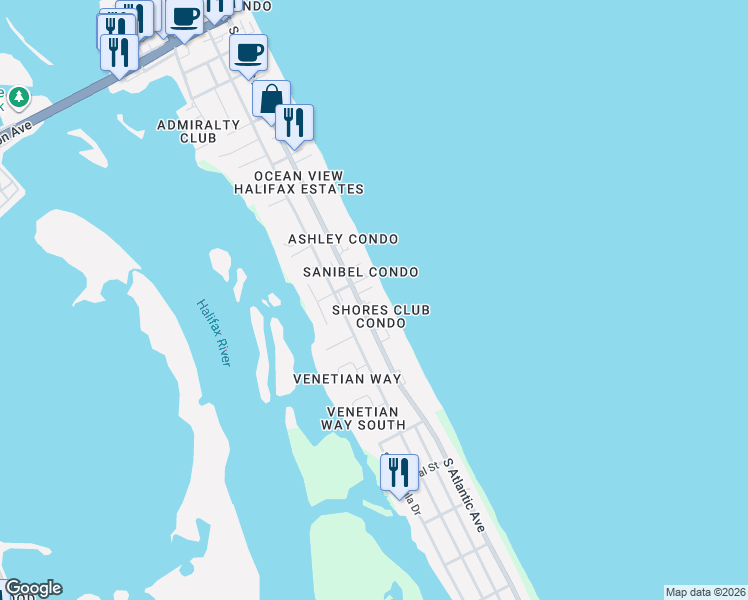 map of restaurants, bars, coffee shops, grocery stores, and more near 3815 South Atlantic Avenue in Daytona Beach Shores