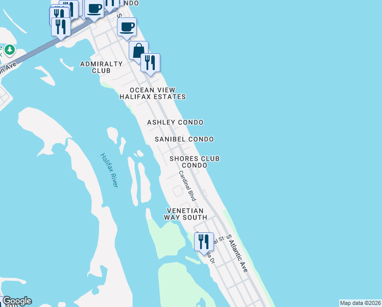 map of restaurants, bars, coffee shops, grocery stores, and more near 3815 South Atlantic Avenue in Daytona Beach Shores
