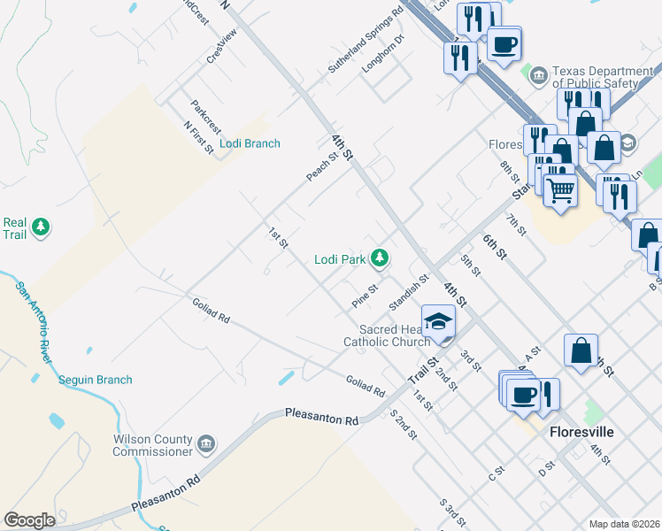 map of restaurants, bars, coffee shops, grocery stores, and more near 901 Plum Street in Floresville