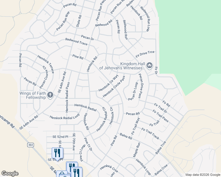map of restaurants, bars, coffee shops, grocery stores, and more near 20 Hemlock Circle Pass in Ocala