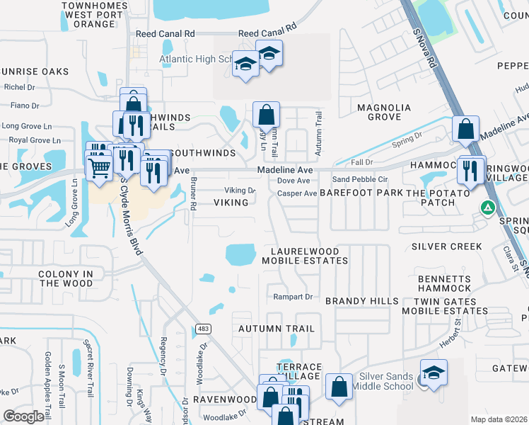 map of restaurants, bars, coffee shops, grocery stores, and more near 1169 Stillwood Court in Port Orange