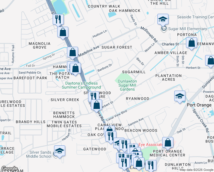 map of restaurants, bars, coffee shops, grocery stores, and more near 107 Springwood Square in Port Orange