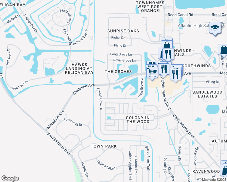 map of restaurants, bars, coffee shops, grocery stores, and more near 1463 Bay Grove Drive in Port Orange