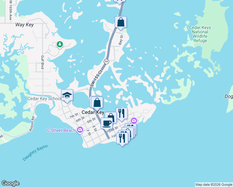 map of restaurants, bars, coffee shops, grocery stores, and more near 7011 Depot Street in Cedar Key